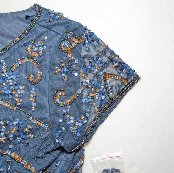 NWT Pisarro Nights Beaded Mesh Midi Cocktail Dress in Navy - Picture 15 of 16